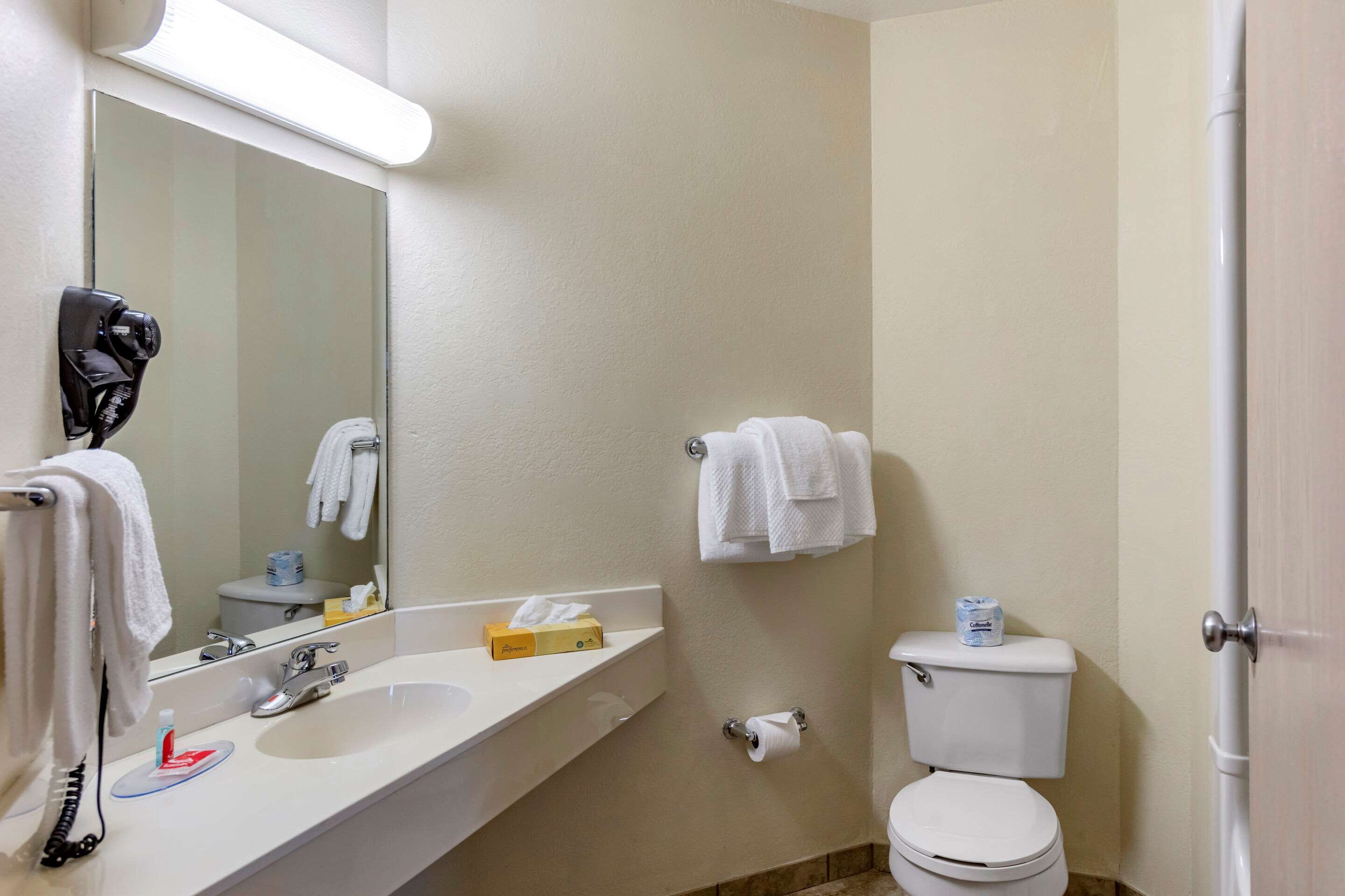 Un baño con lavamanos, espejo, toallero, inodoro y secador de pelo.