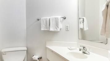 Un baño con inodoro, lavamanos y espejo.