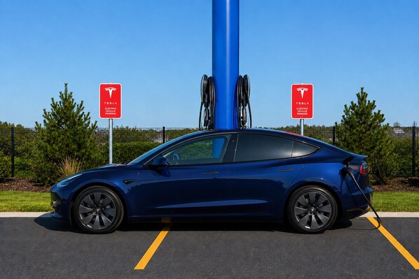A blue Tesla Model 3 parked in a designated electric vehicle charging station area with two charging poles and signs. - Econo Lodge Menomonie (Menomonie)