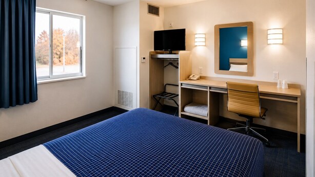 Una habitación de hotel con cama, escritorio, silla, televisor y ventana con cortinas.