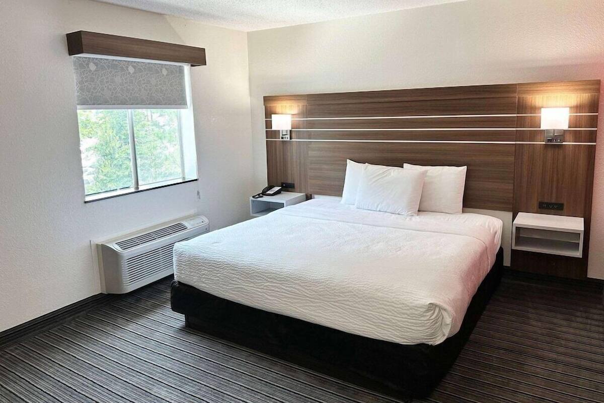 A hotel room with a large bed, bedside lamps, a phone, a heater, and a window with blinds.