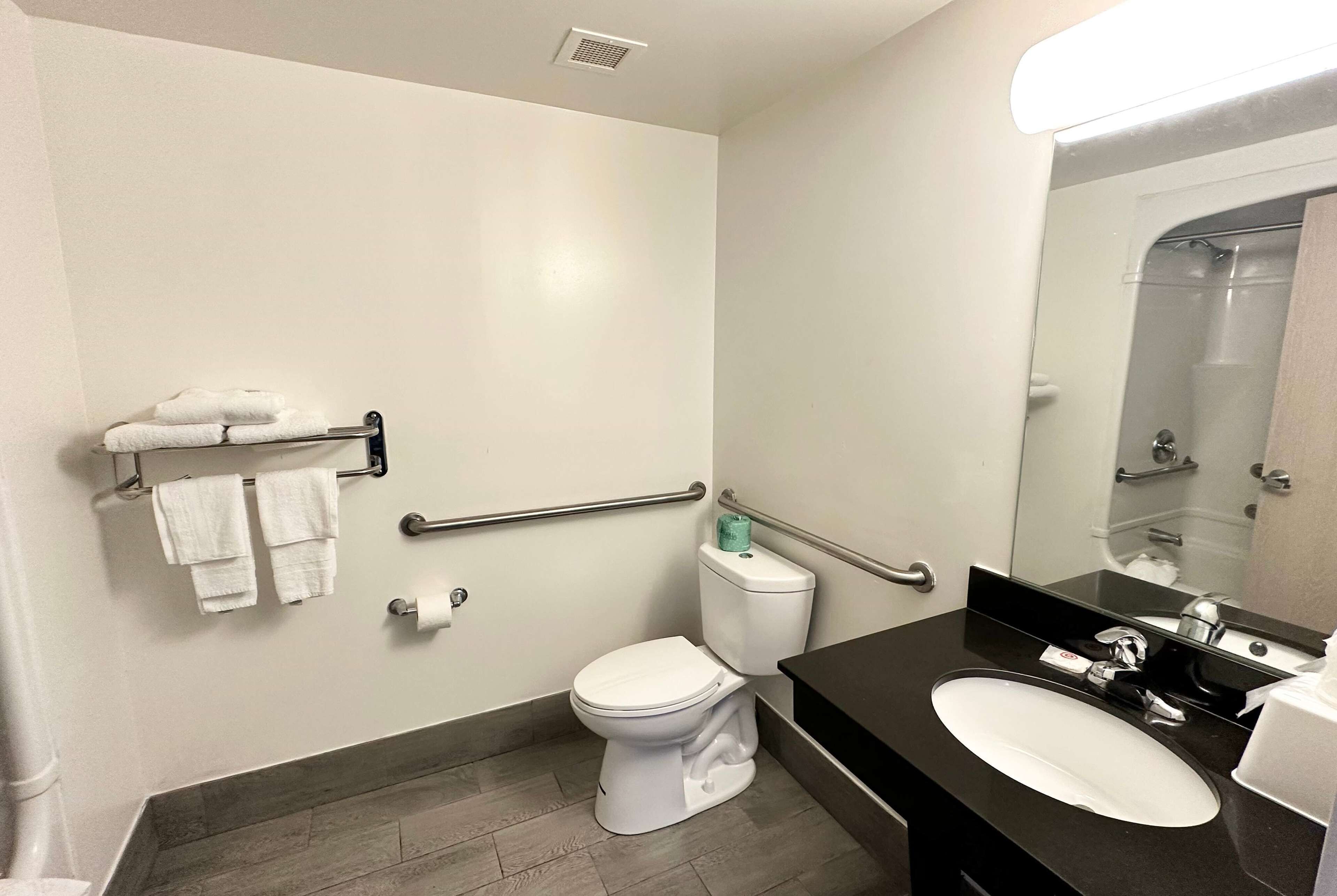 A bathroom with a white toilet, a black sink, a mirror, and a towel rack.