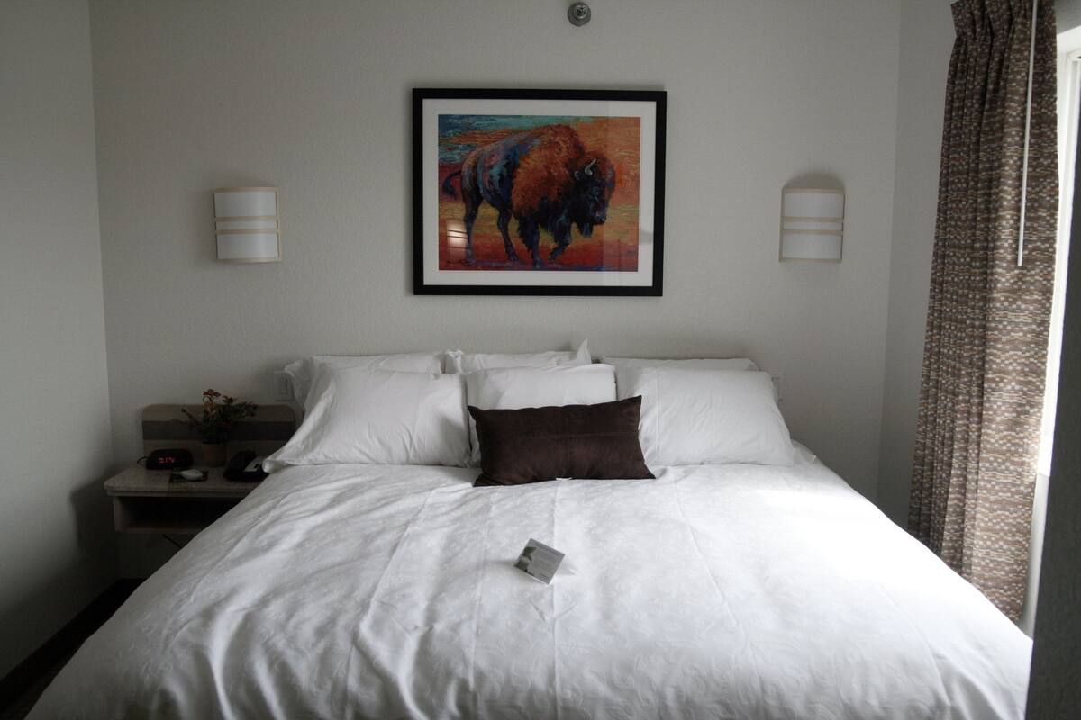 Una cama bien hecha con sábanas blancas y un cojín marrón decorativo, un cuadro enmarcado de un bisonte en la pared, y una mesita de noche con una lámpara y un teléfono.