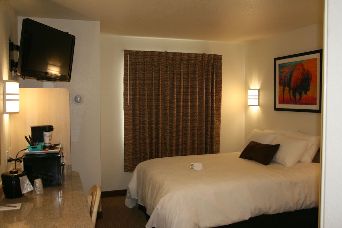 Habitación de hotel con cama, escritorio con cafetera, televisor en la pared y un cuadro colgado.
