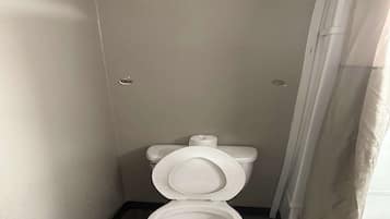 A small, compact bathroom with a white toilet, a visible toilet paper holder, and a shower curtain.