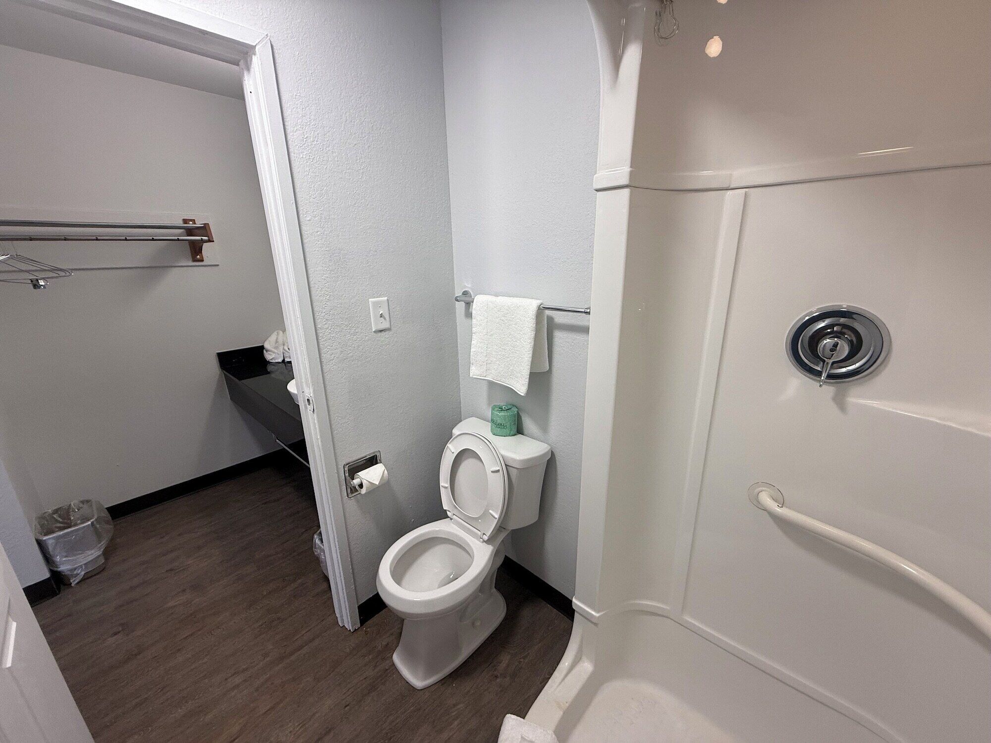 A bathroom with a toilet, a shower, and a towel rack.