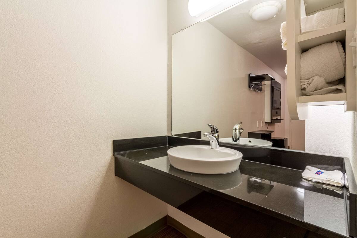 A bathroom with a white sink, black countertop, and a large mirror.