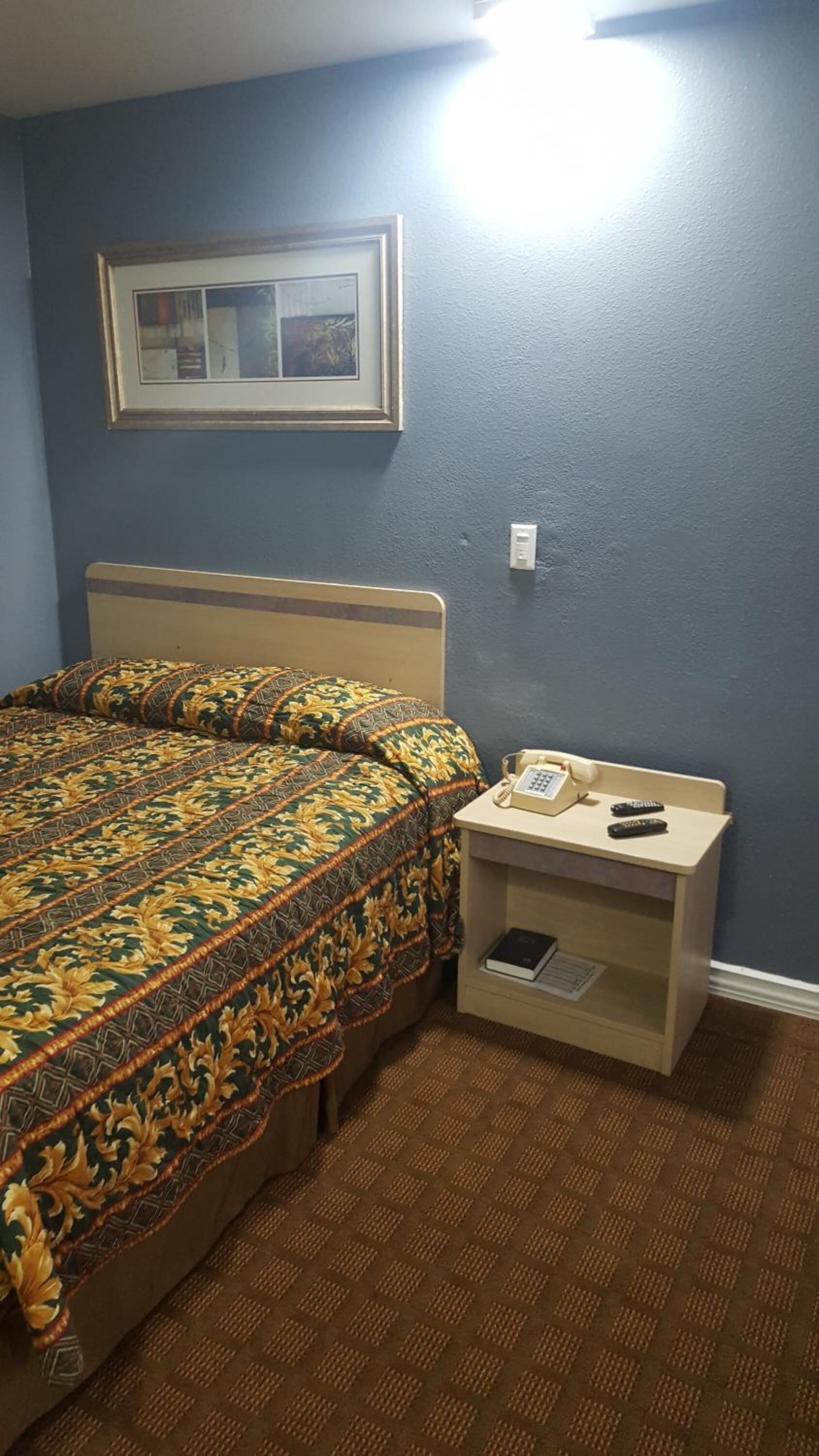 A room with a bed, a nightstand, a telephone, and a framed picture on the wall.