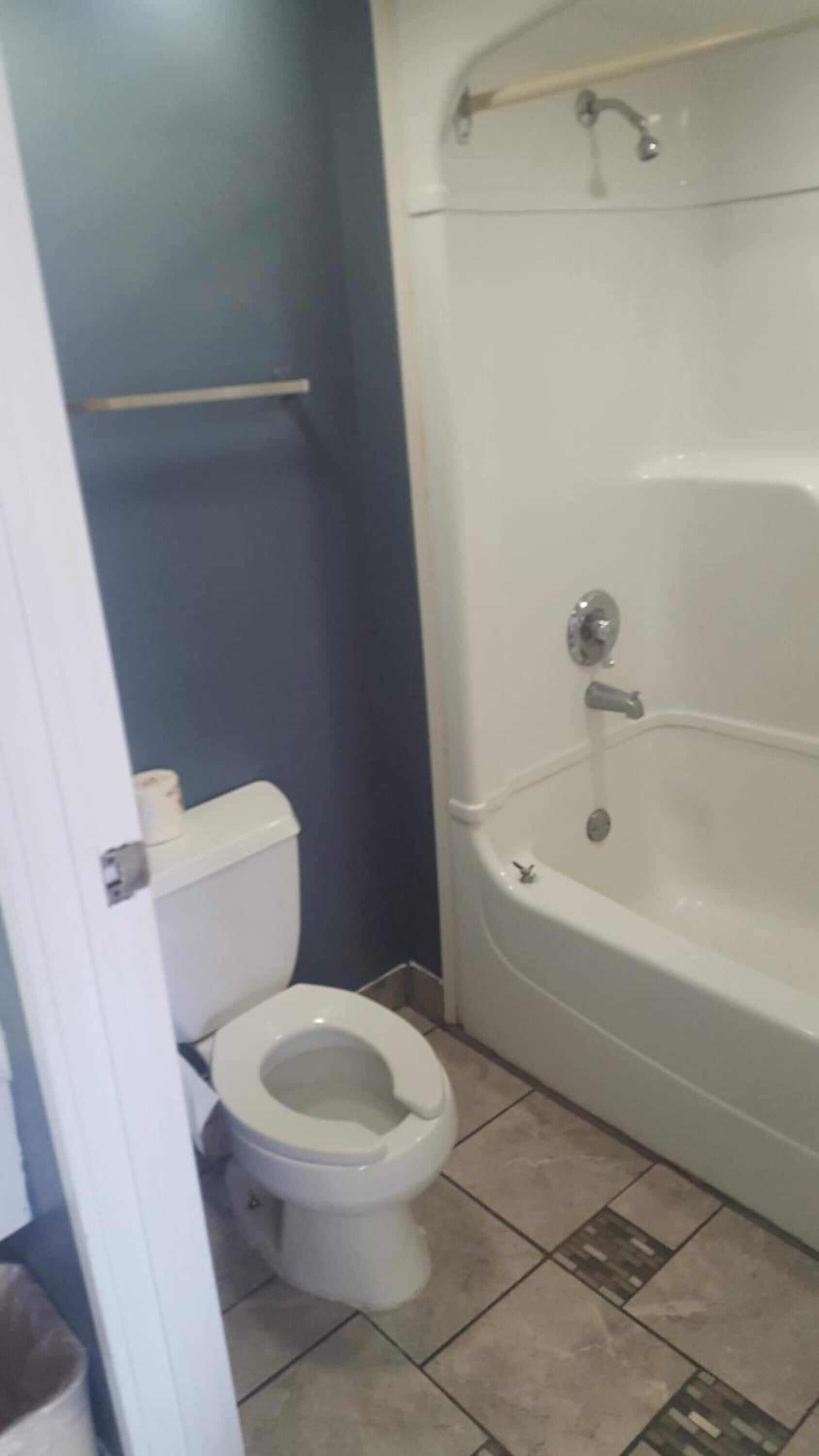 A bathroom with a toilet and a bathtub.