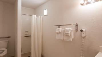 Shower, free toiletries, towels, soap