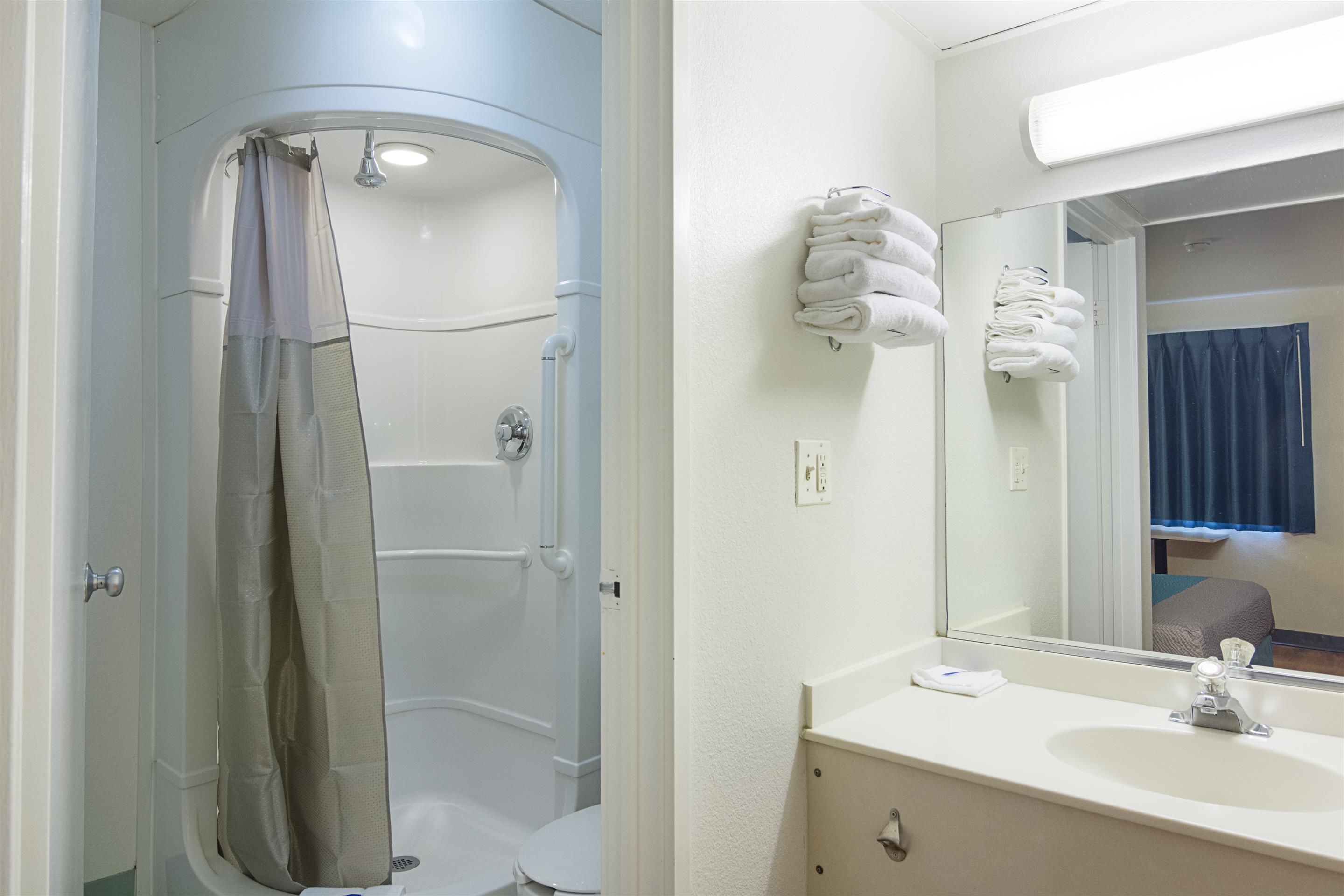 シャワー付き浴槽、ヘアドライヤー、タオル、トイレットペーパー