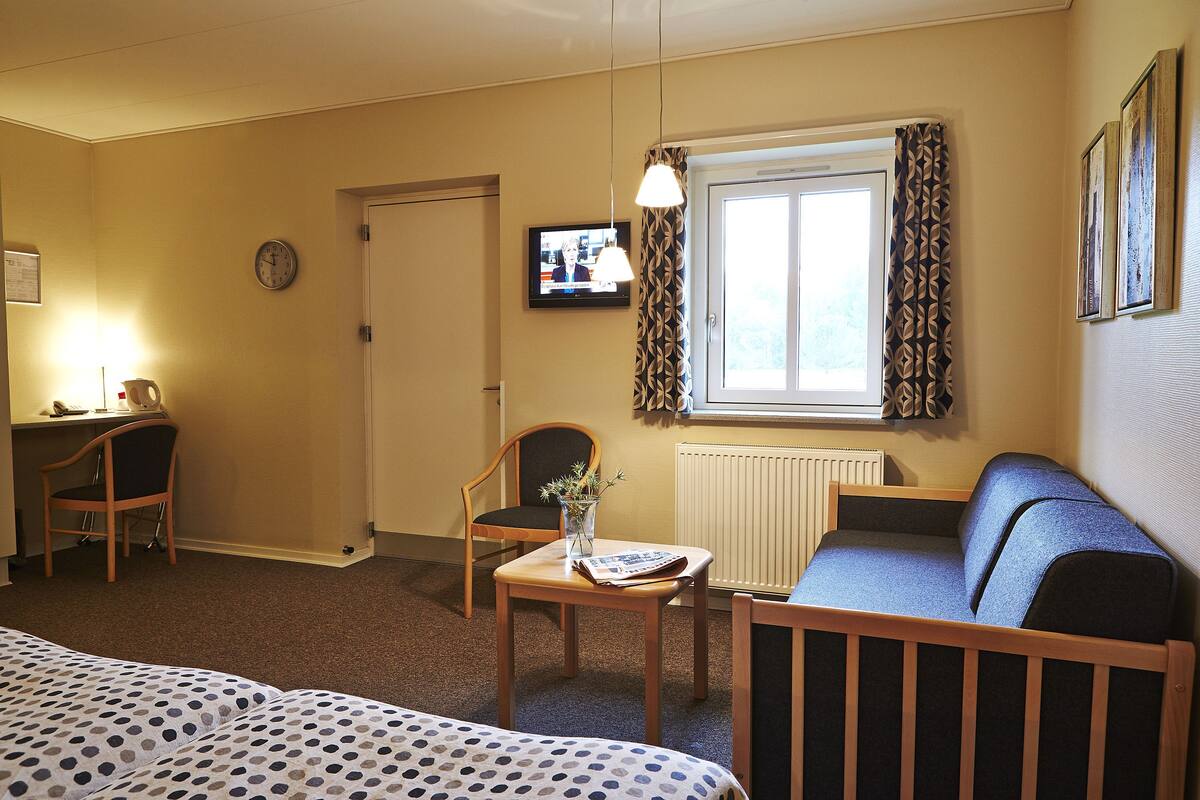 A room with a bed, a desk, a chair, a sofa, a TV, and a window with curtains.