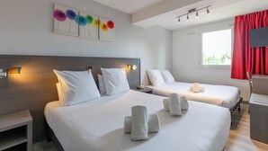 A hotel room with two beds, a wooden headboard, a wall-mounted light fixture, a window with red curtains, and a painting above the beds. - The Originals City, Hôtel Restaurant L'Ormichal Dijon Sud. (Marsannay-la-Cote)