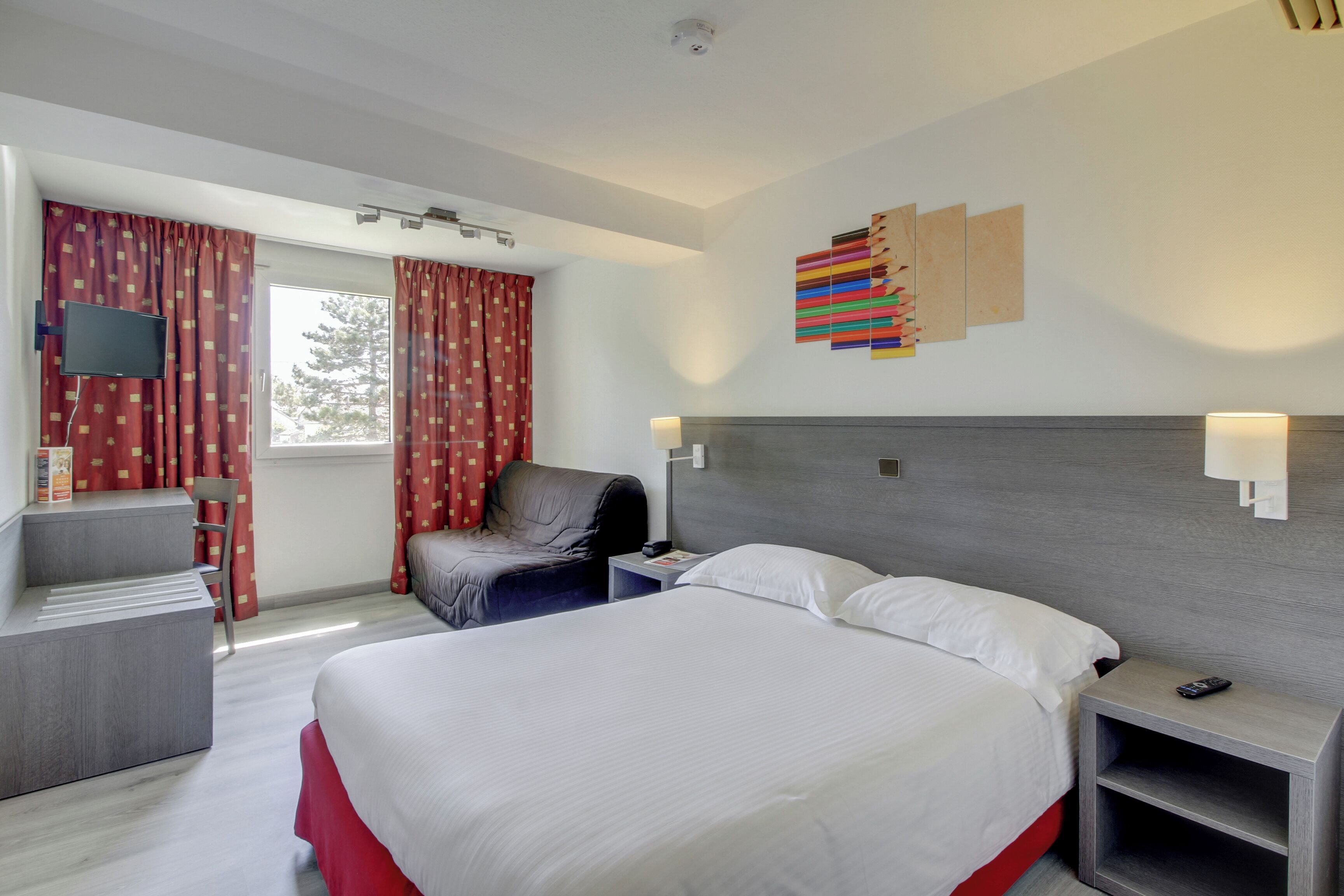 Premium bedding, desk, blackout curtains, soundproofing