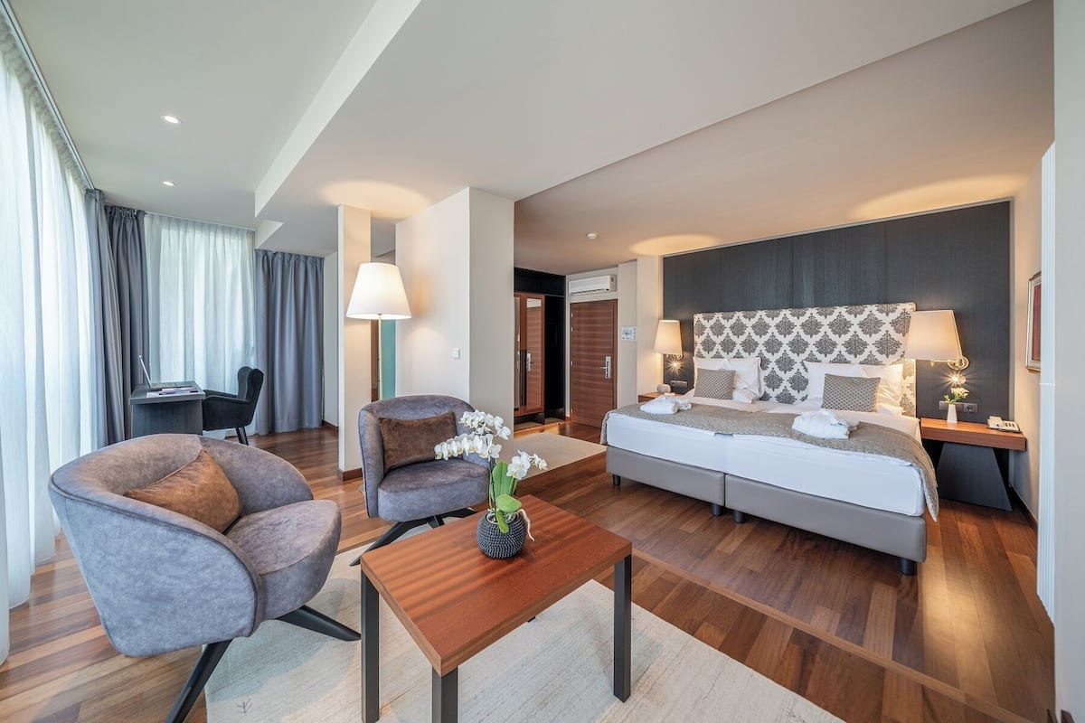 Una habitación de hotel moderna con sofá cama, escritorio, una silla y una mesita con planta.