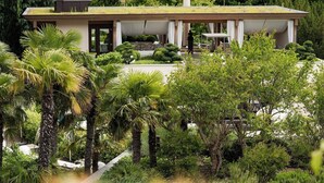 A modern house with a flat roof, surrounded by lush greenery and palm trees.