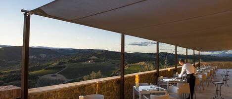 Un espace extérieur aménagé pour les repas, avec des tables et des chaises, offrant une vue panoramique sur une vallée pittoresque.