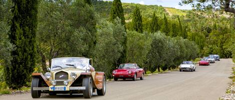 A vintage car driving on a road surrounded by trees and hills.