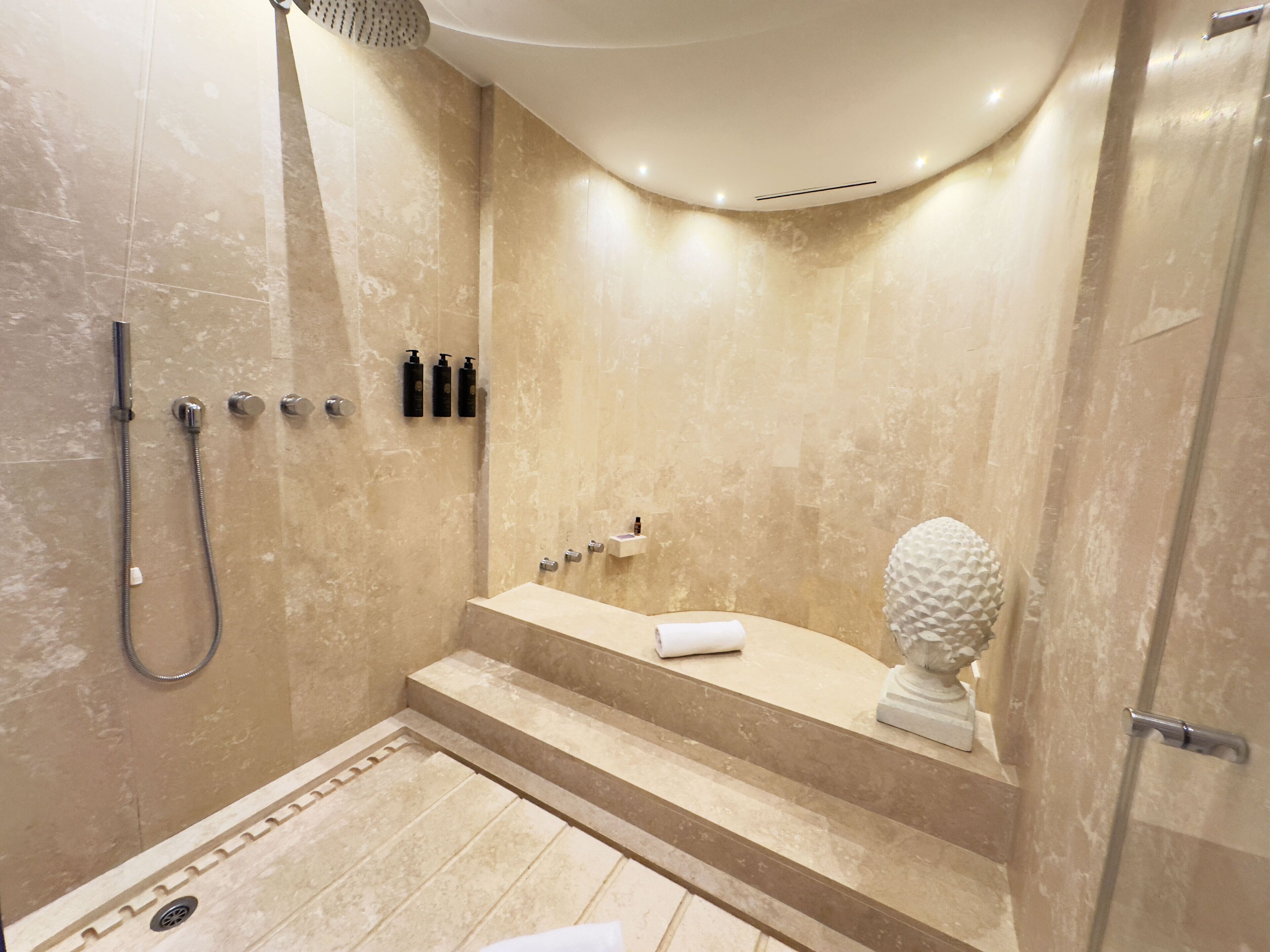 A modern bathroom with a walk-in shower, a bathtub, and a toilet.