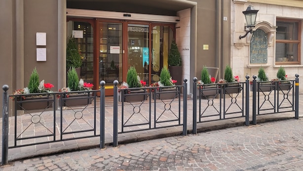 Een hotel ingang met een glazen overkapping, een metalen hek en potplanten.