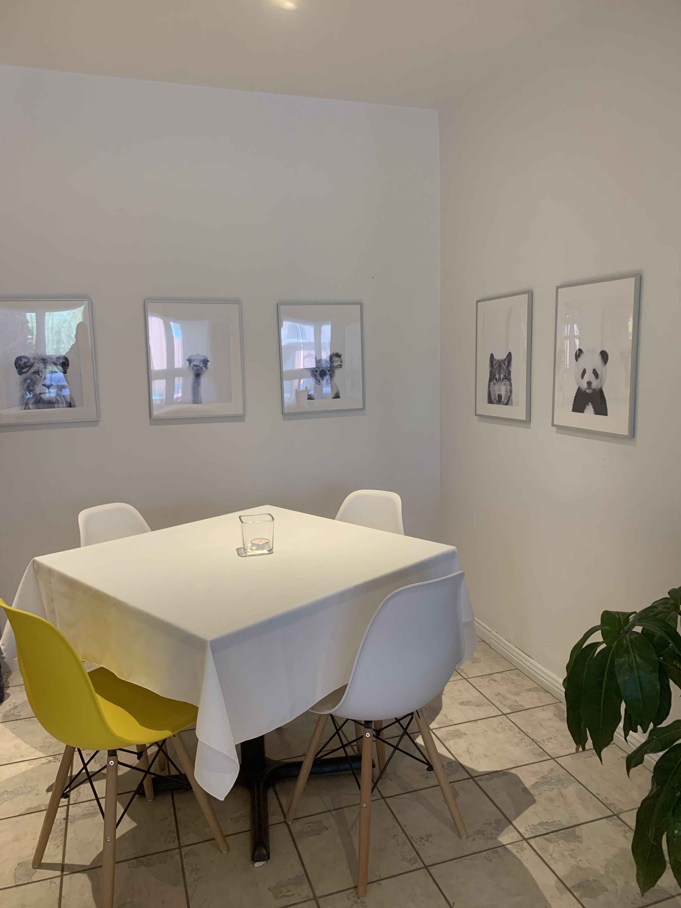 A dining area with a white table, yellow chairs, and framed pictures on the wall.