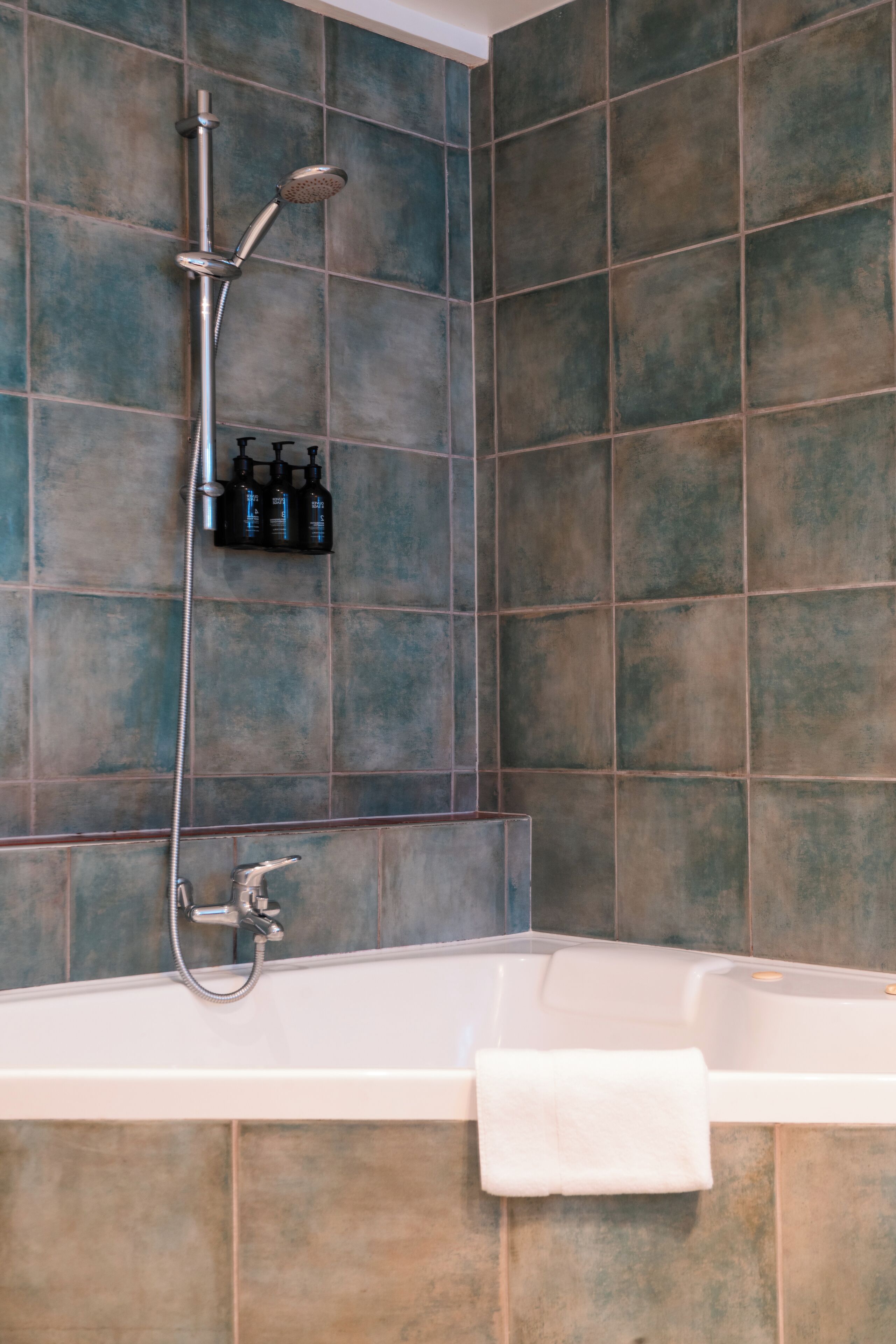 Une salle de bain équipée d’une baignoire, d’une douche et d’un ensemble de produits de toilette fixés au mur.