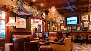 Un hall acogedor con muebles de cuero, una gran decoración de tiburón y un televisor en la pared.