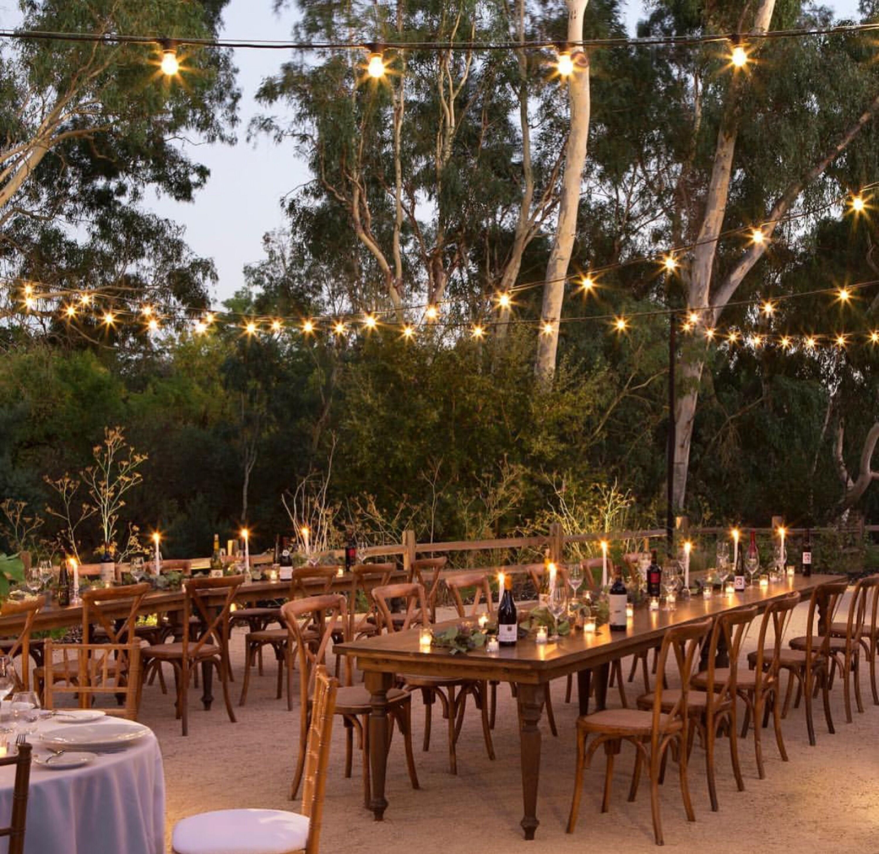 An outdoor dining area with long wooden tables set for a meal, surrounded by trees and string lights.