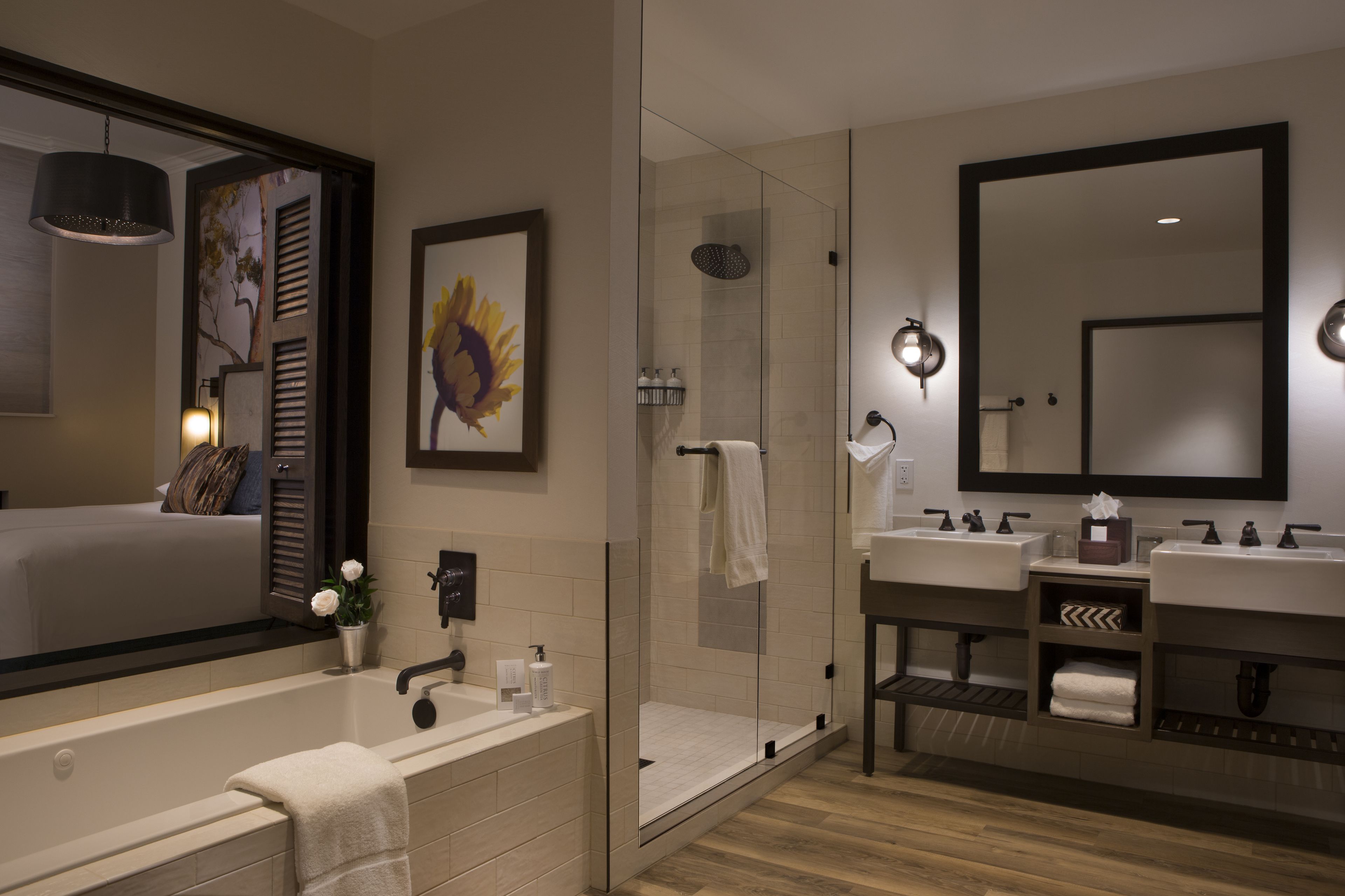 designer toiletries, hair dryer, bathrobes, towels