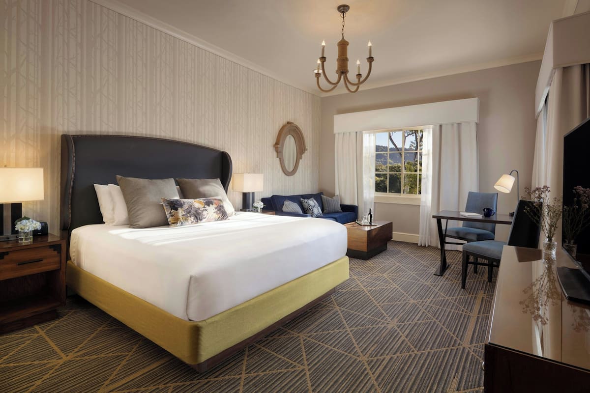 A hotel room with a large bed, a desk, a chair, a TV, and a window with curtains.