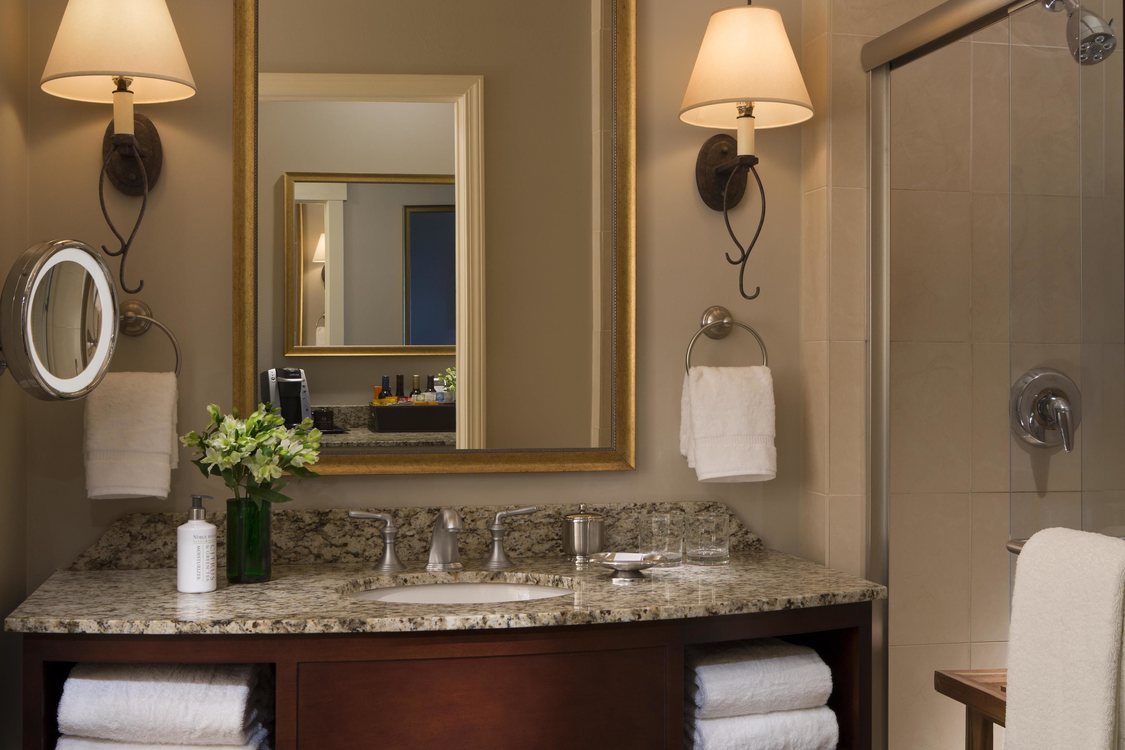 designer toiletries, hair dryer, bathrobes, towels