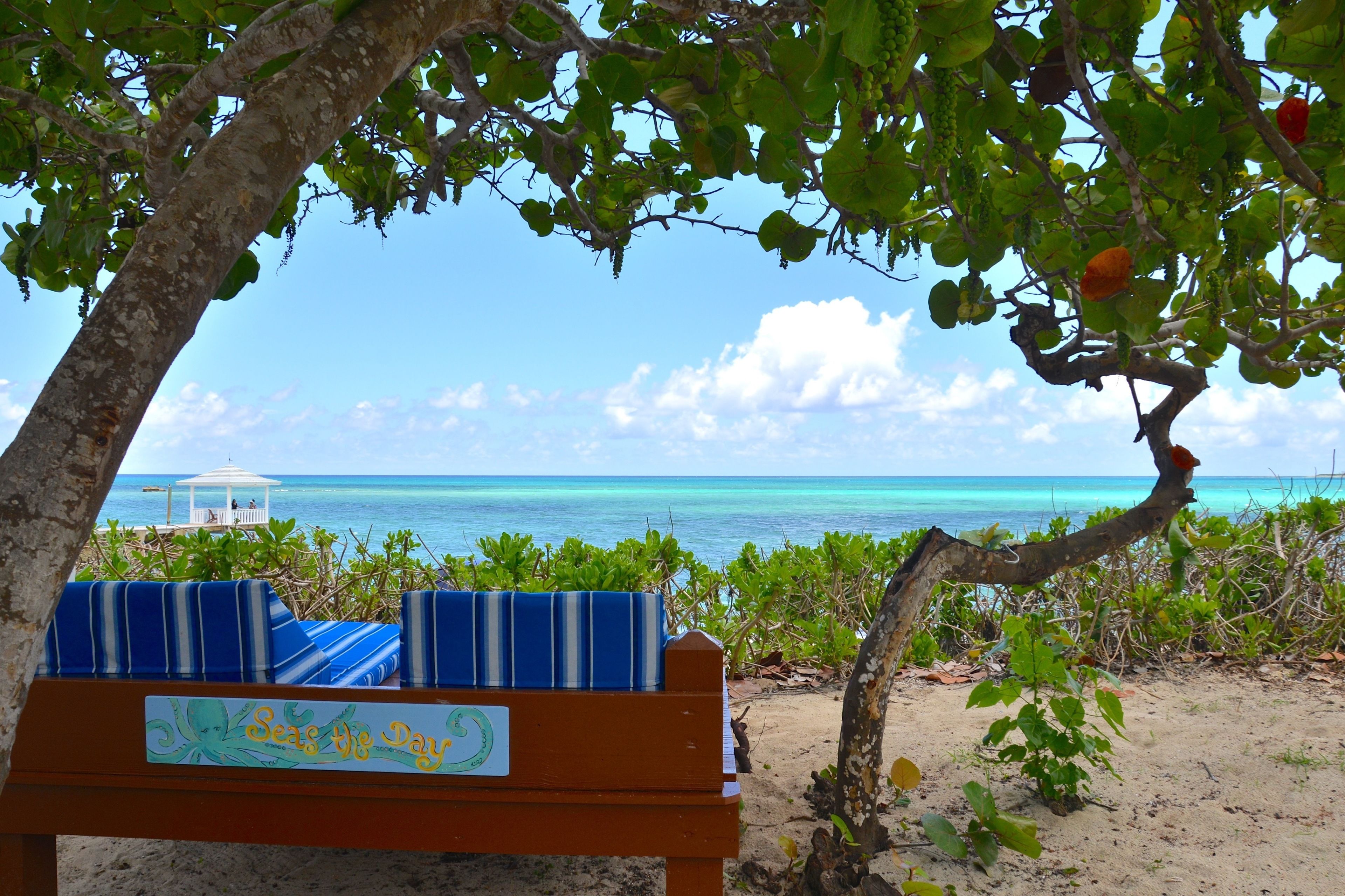 A beach view with a bench labeled "Seas the Day" and a gazebo in the background.