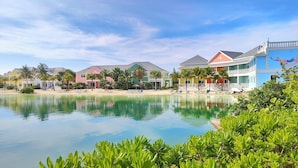 Un resort con piscina, sillas de playa y palmeras.