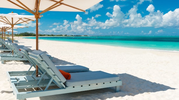 A beach with rows of sun loungers under large umbrellas, a clear blue sky, and turquoise water. - Beach House - Adults Only (Providenciales)
