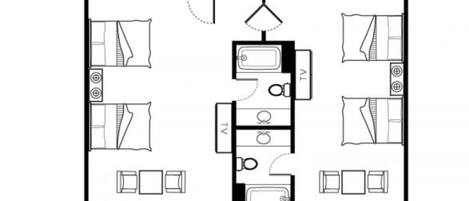 Distribución de una habitación de hotel con televisor, kitchenette, dos baños y zona de estar.