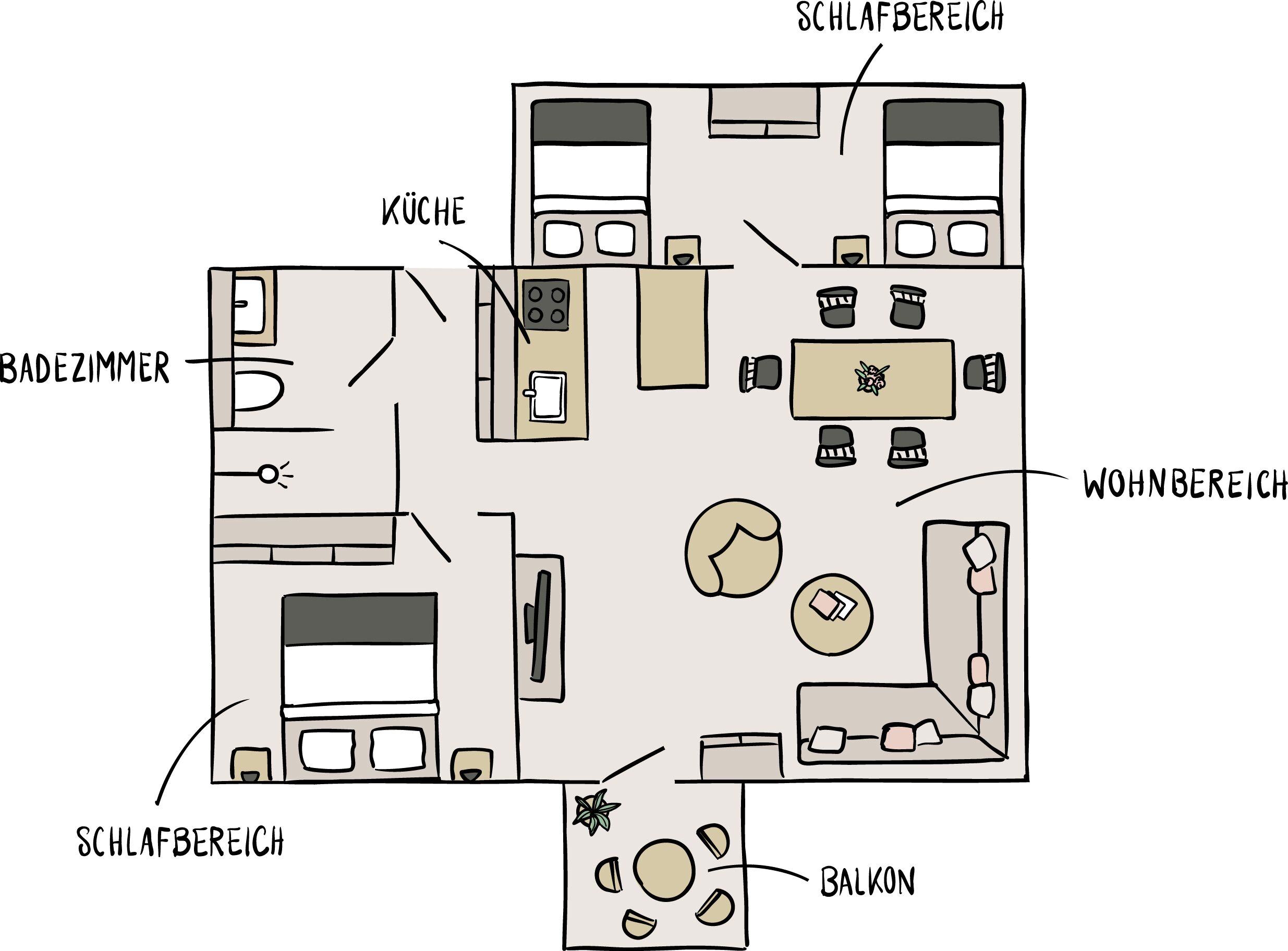 Planta de um hotel com quarto, banheiro, cozinha, sala de estar, varanda e área de dormir.