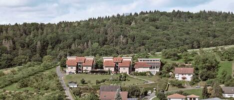 A residential area with houses, a winding road, and a forested hill in the background.