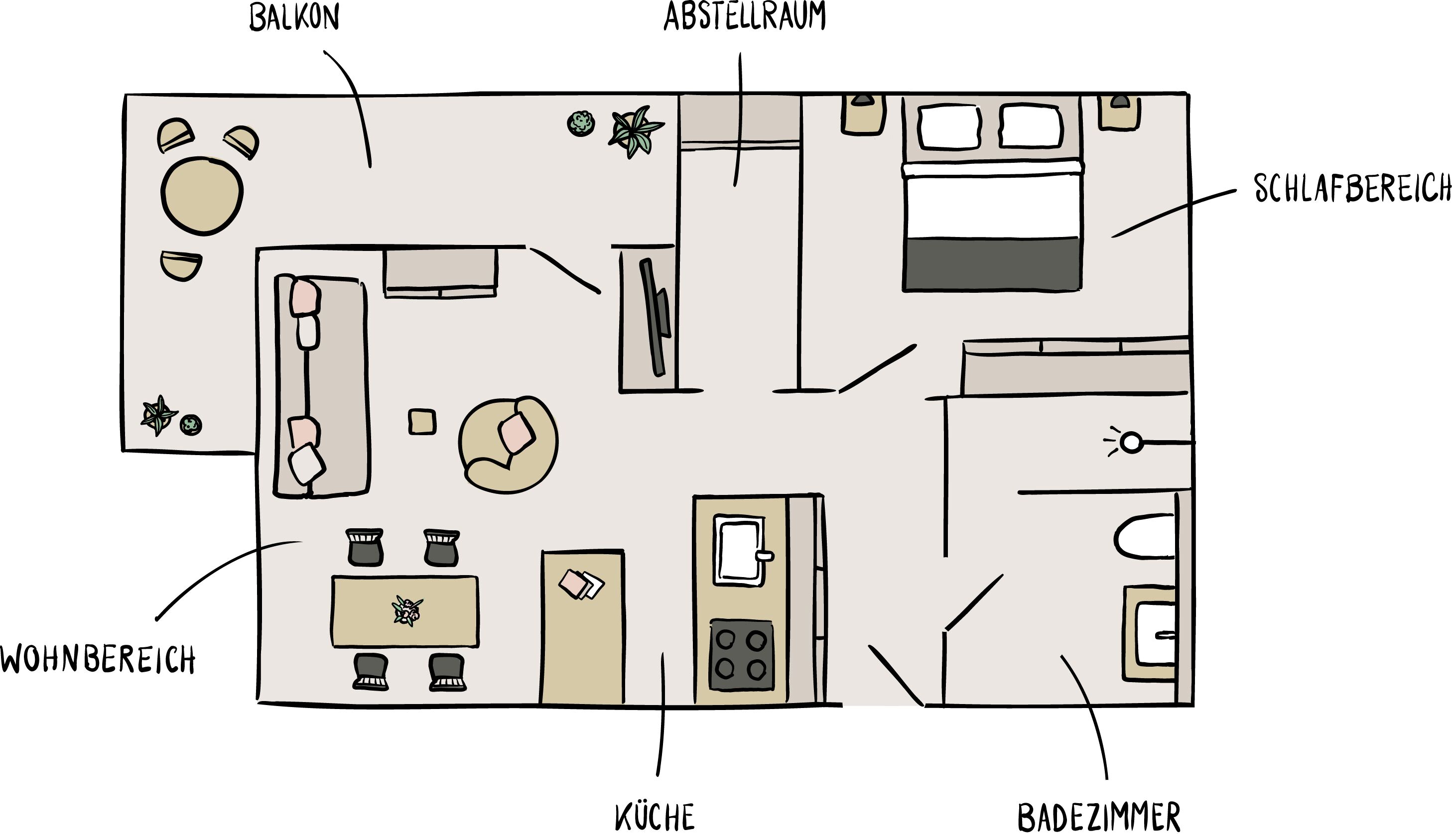 Plano de planta de una habitación de hotel con áreas identificadas, incluyendo balcón, baño, cocina, sala de estar y dormitorio.