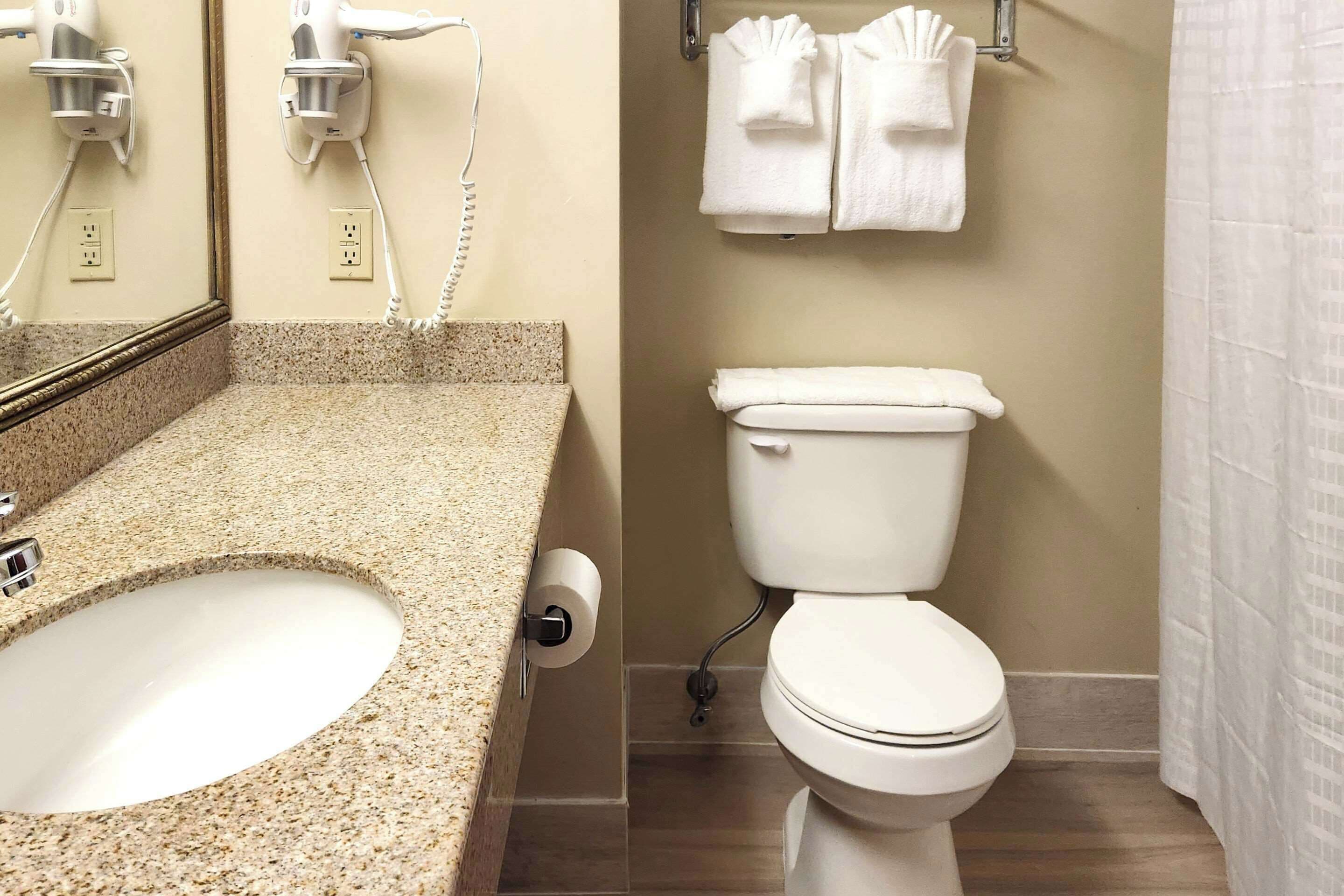 Un baño con encimera de granito, lavabo, inodoro y toallero con toallas.