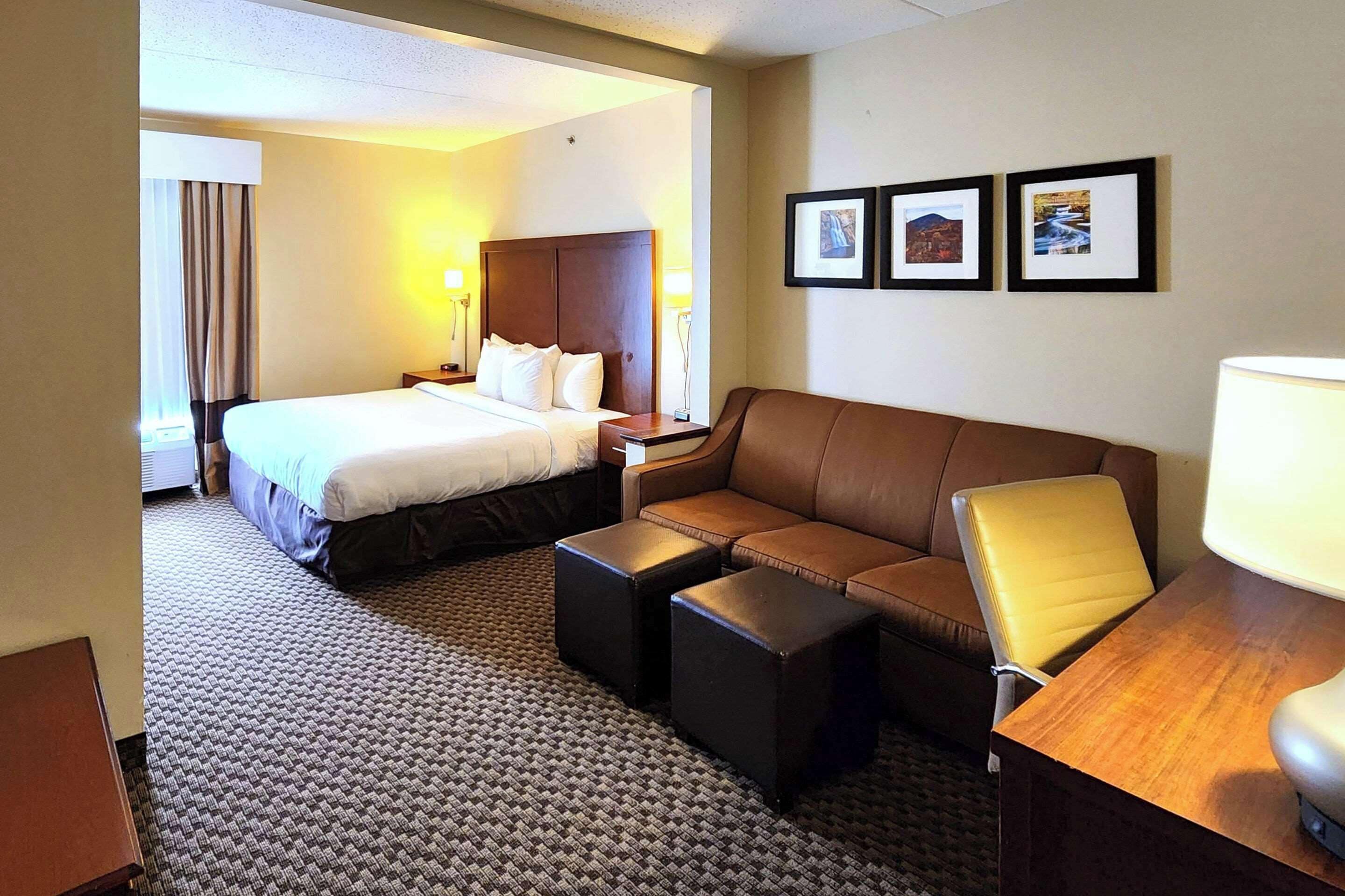 A hotel room with a bed, a sofa, a desk, and a lamp. There are framed pictures on the wall.