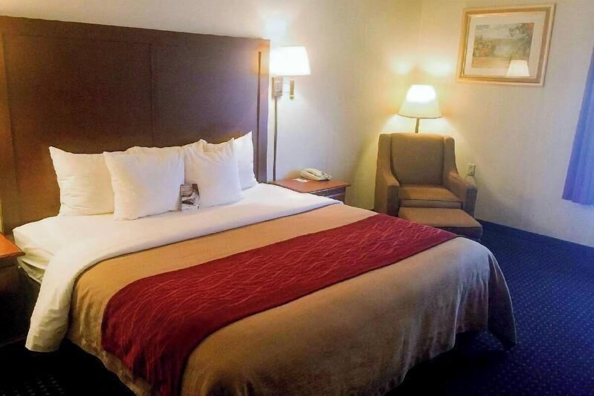 Una habitación de hotel con una cama, una silla, una mesita de noche, una lámpara y un cuadro en la pared.