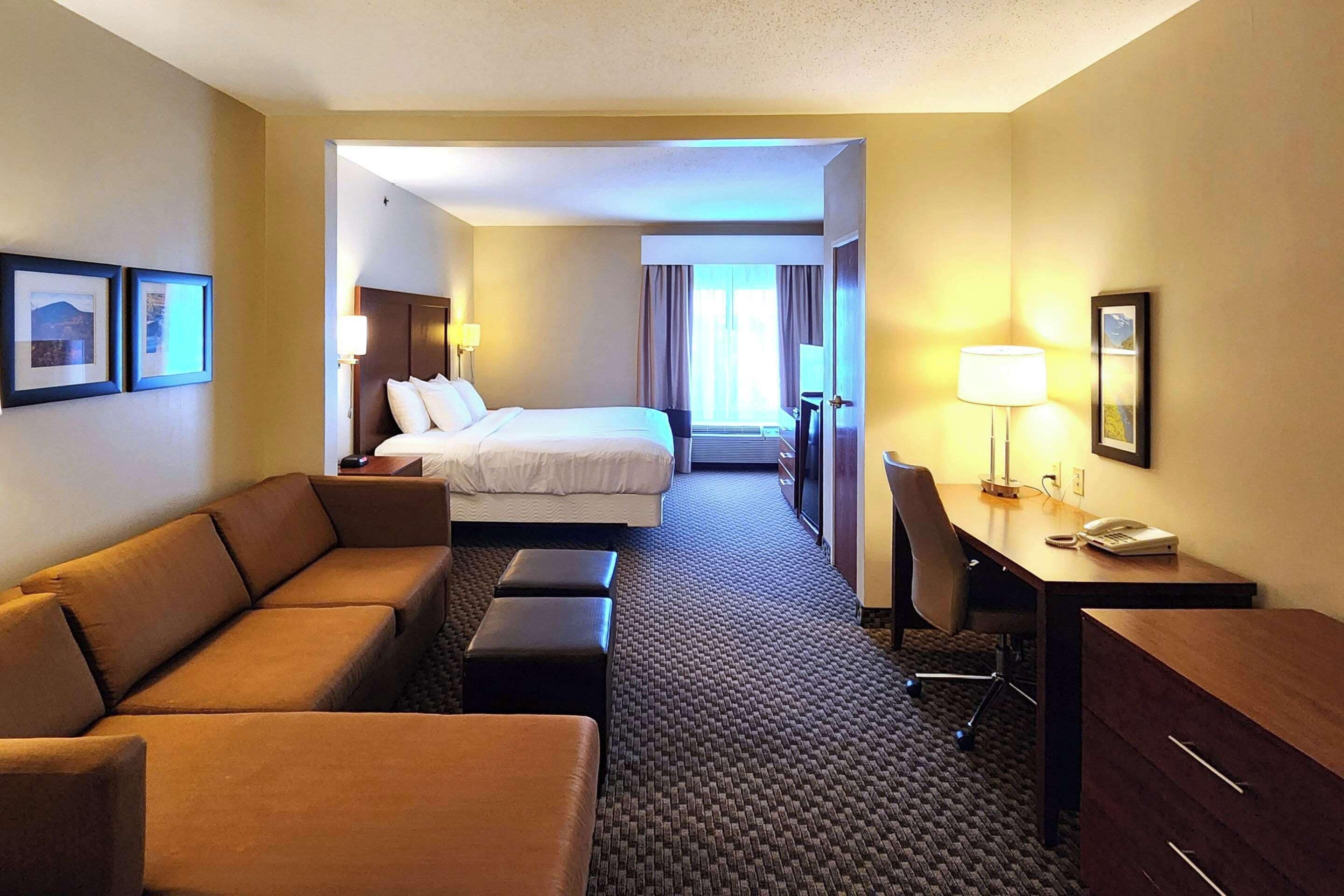 A hotel room with a bed, a sofa, a desk, and a chair.