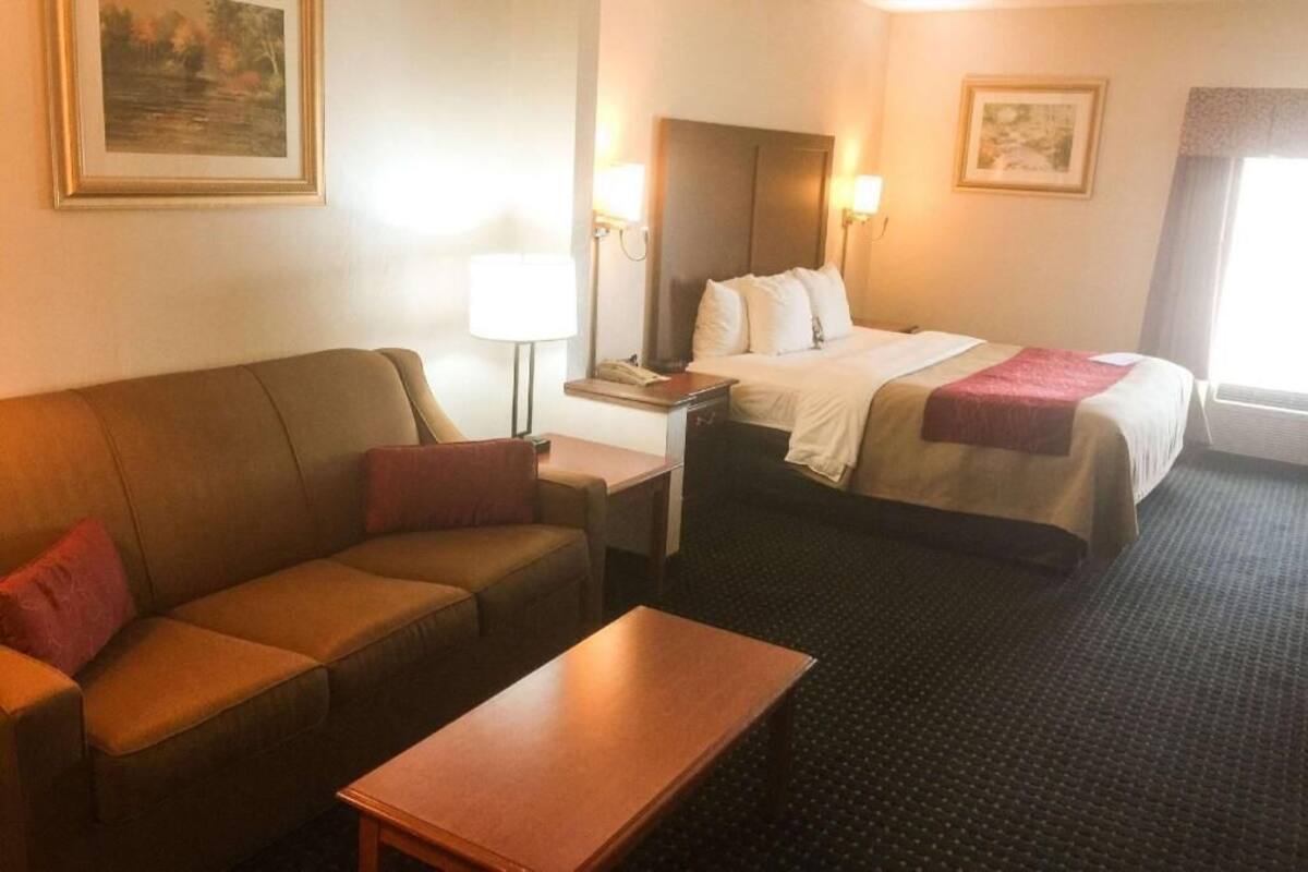 Una habitación de hotel con cama, sofá, escritorio y lámpara.