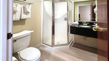 Une salle de bain comprenant des toilettes, une douche fermée par une paroi de verre et un lavabo avec un miroir.