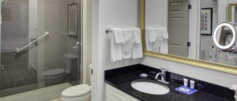 A modern bathroom with a glass-enclosed shower, a white toilet, a vanity with a black countertop, and a large mirror with a gold frame.