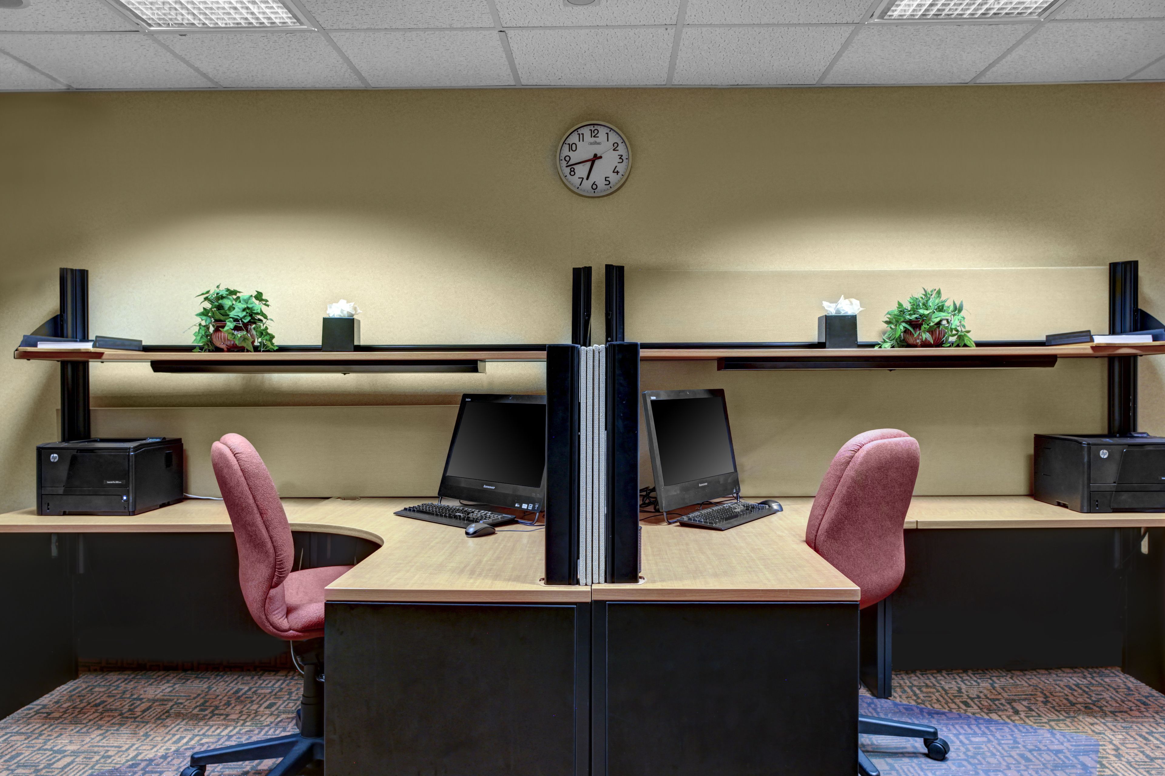 A modern office cubicle with two desks, each with a computer, keyboard, and mouse. There are two chairs, one pink and one black. A clock is visible on the wall, and there are small potted plants on the desks.
