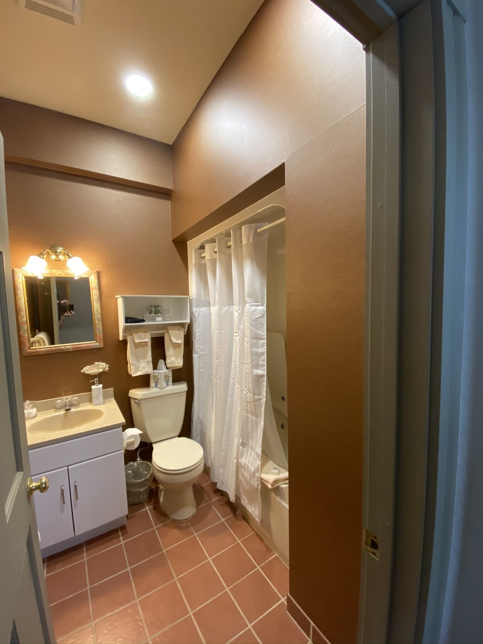 A bathroom with a sink, toilet, and shower curtain.