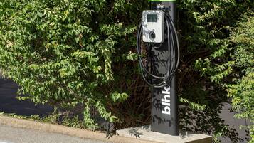 Une borne de recharge pour véhicules électriques, de couleur noire, portant la marque « blink » et surmontée d’un toit vert, le tout entouré d’un feuillage verdoyant et dense.