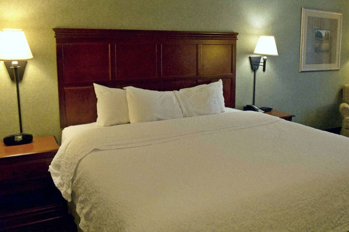 A hotel room with a large bed, two bedside lamps, a chair, and a framed picture on the wall.