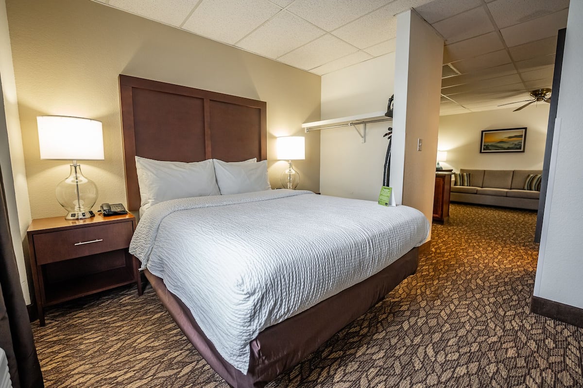 Quarto de hotel com uma cama grande, duas mesas de cabeceira com abajures, um criado-mudo, um sofá e um quadro na parede.